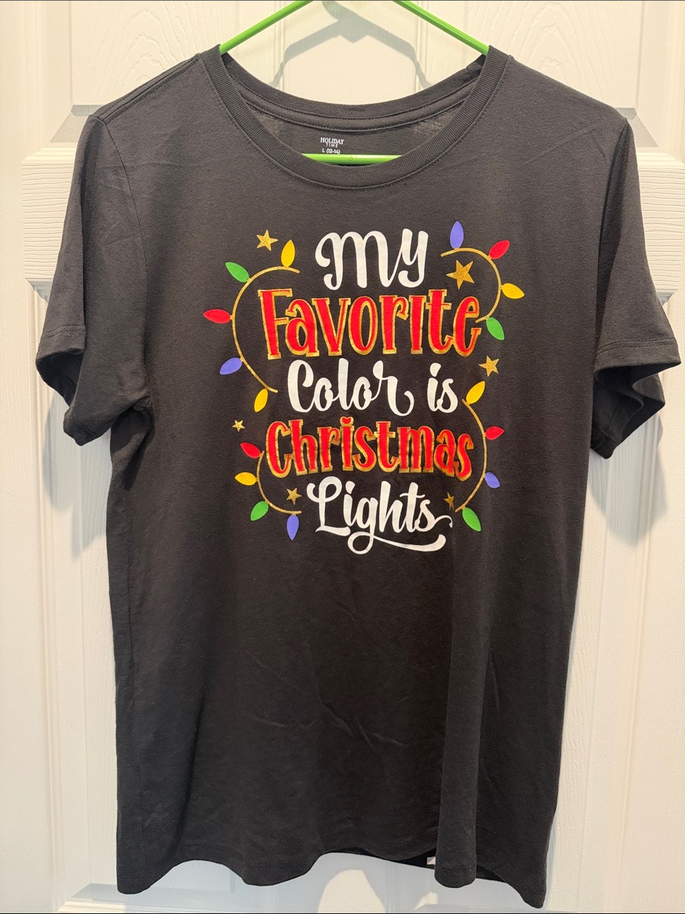 Holiday Time Black Tee with Multicolor Holiday Lights Print Large